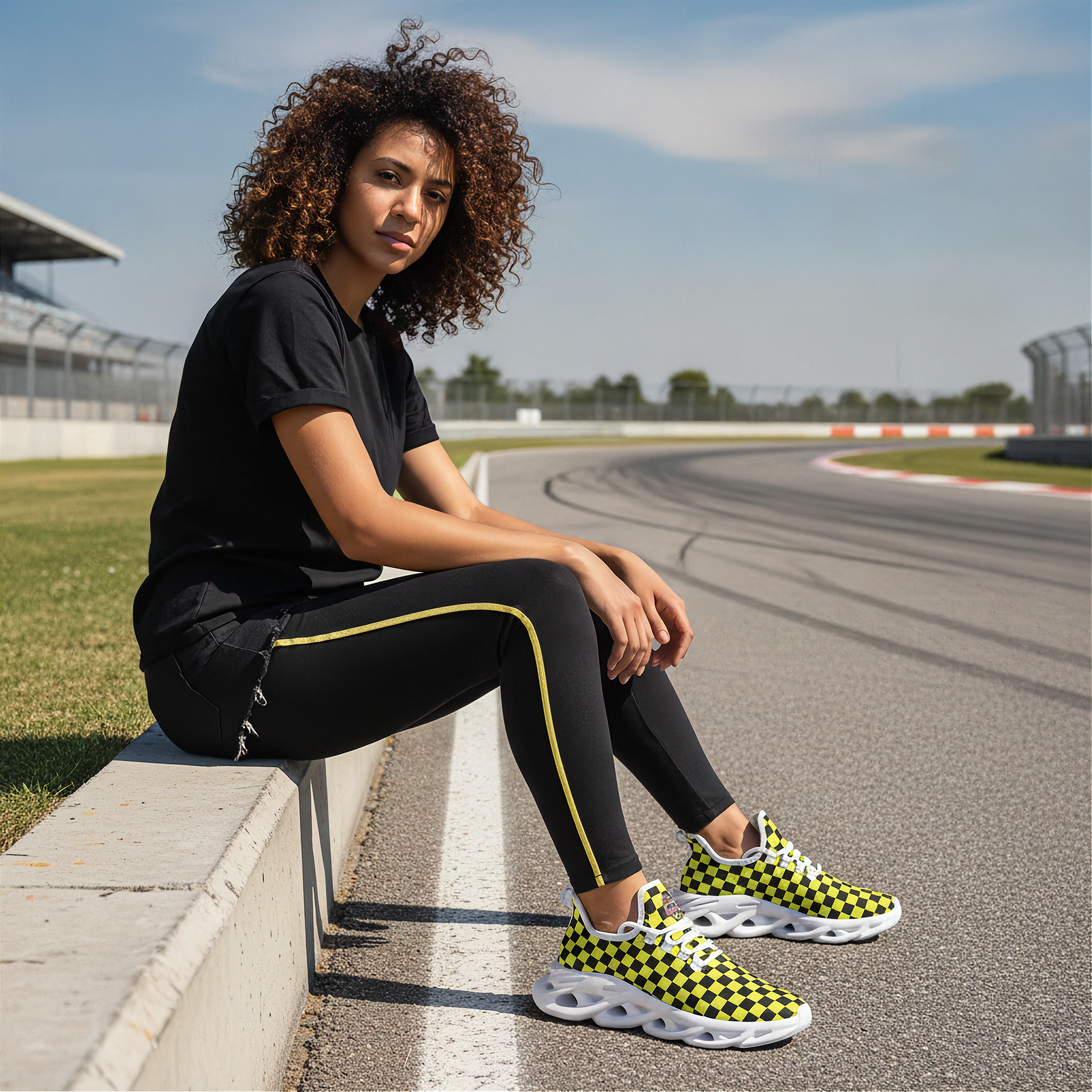 Woman sitting on a race track wearing black and yellow checkered sneakers.