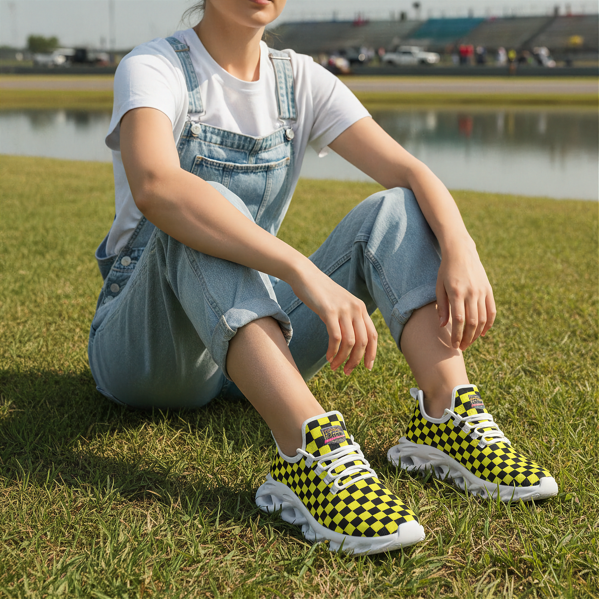 Woman wearing checkered shoes sitting on grass with a lake and stadium in the background