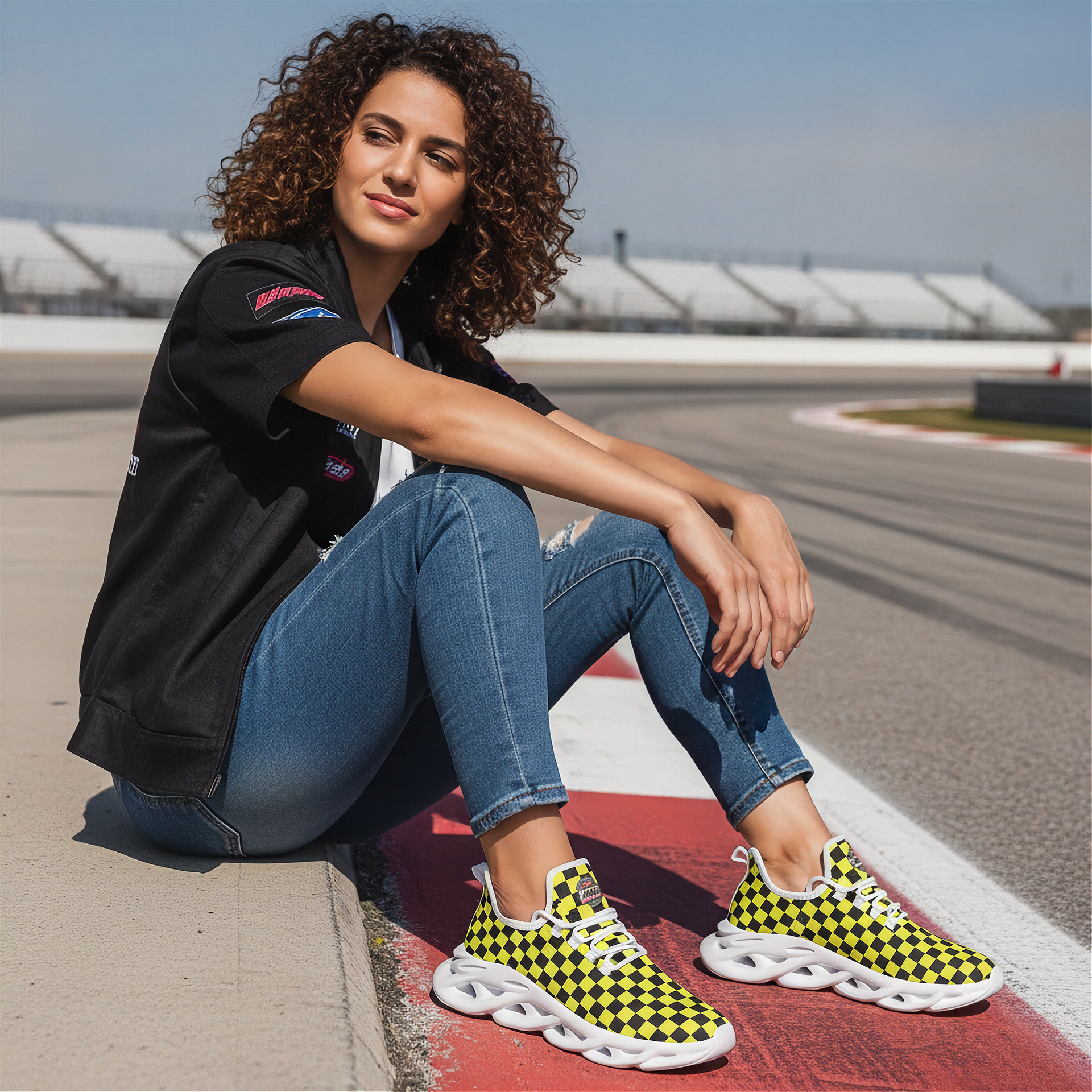 Woman sitting on a race track wearing checkered sneakers