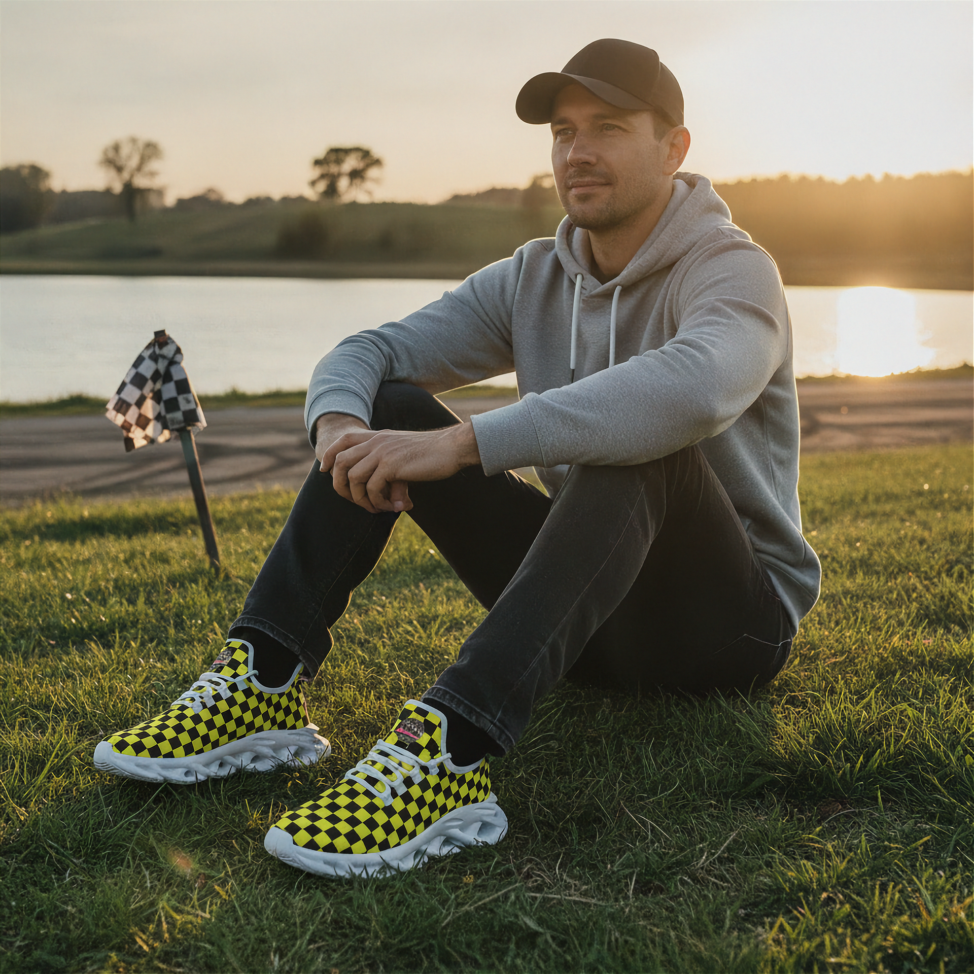 Man sitting on grass wearing checkered shoes with a sunset and lake in the background