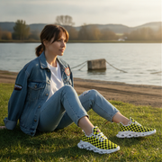 Woman sitting by a lake wearing checkered shoes