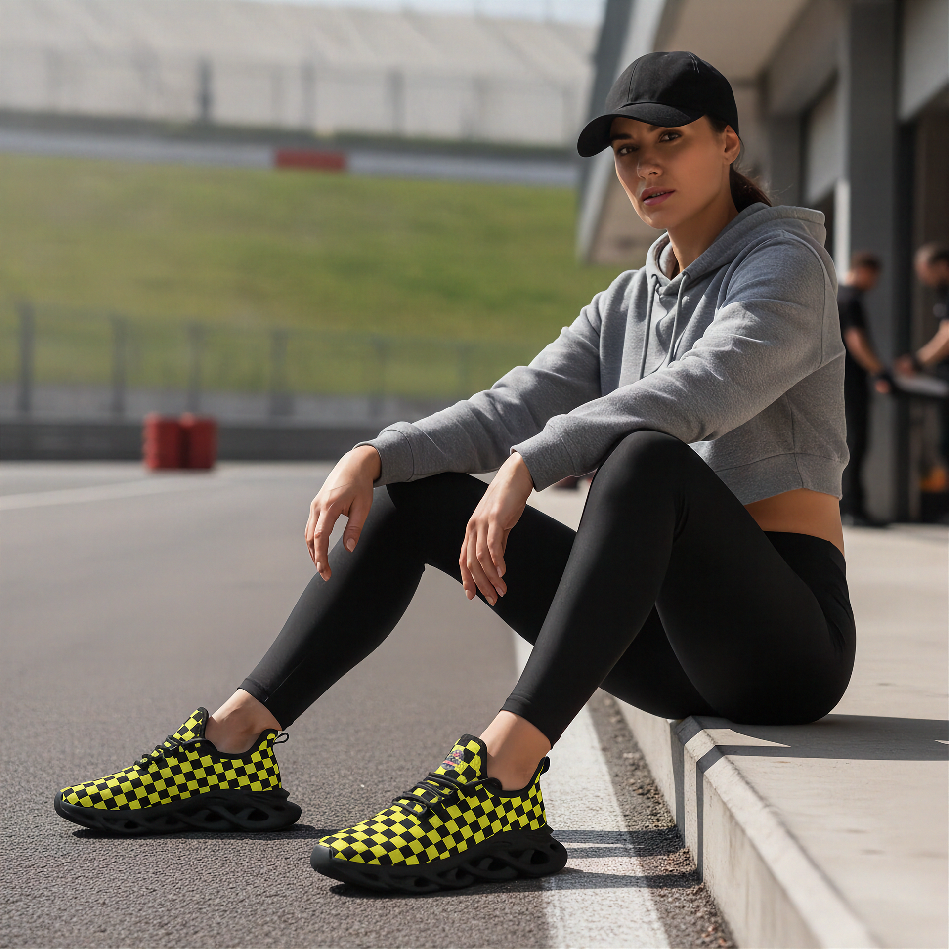 Woman sitting on a curb wearing black and yellow checkered sneakers, gray hoodie, and black leggings.