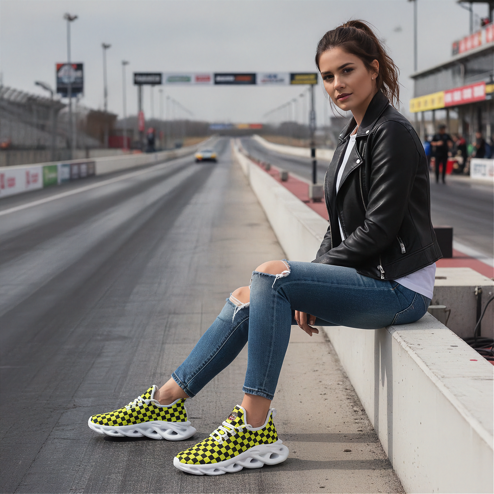 Woman sitting on a race track wearing checkered sneakers.