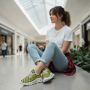 Woman sitting on a bench in a mall wearing checkered sneakers.