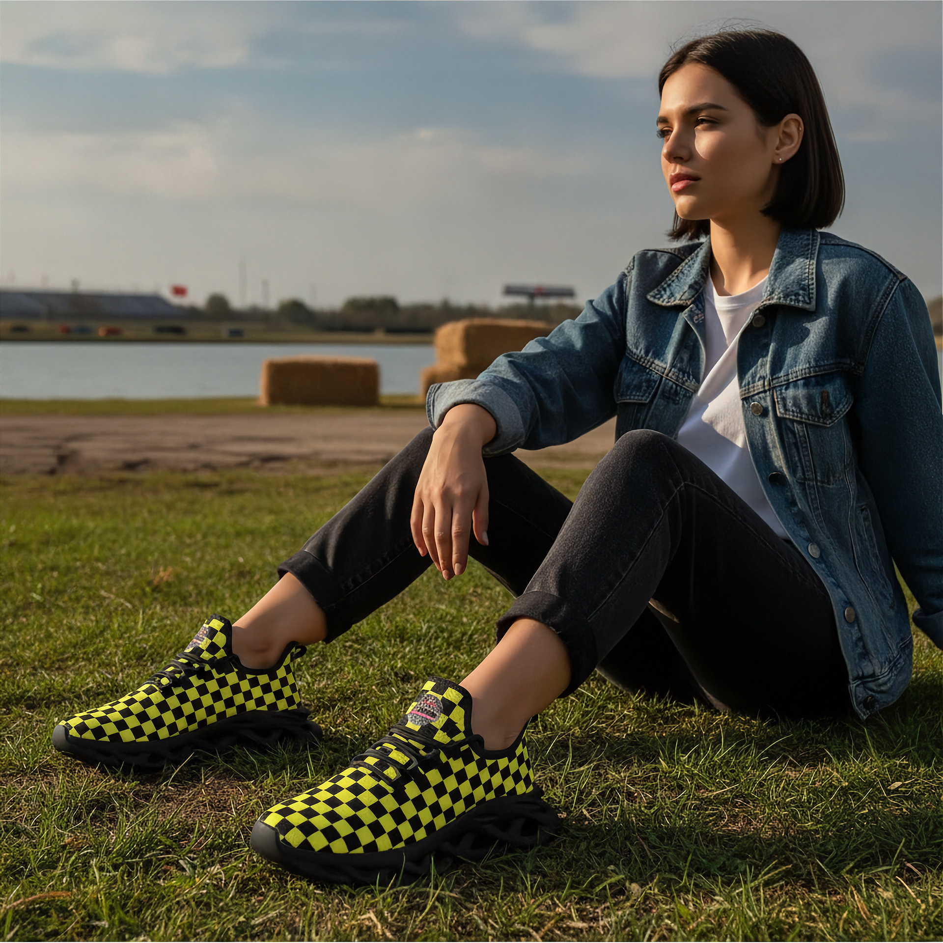 Woman sitting on grass wearing checkered shoes with a scenic background