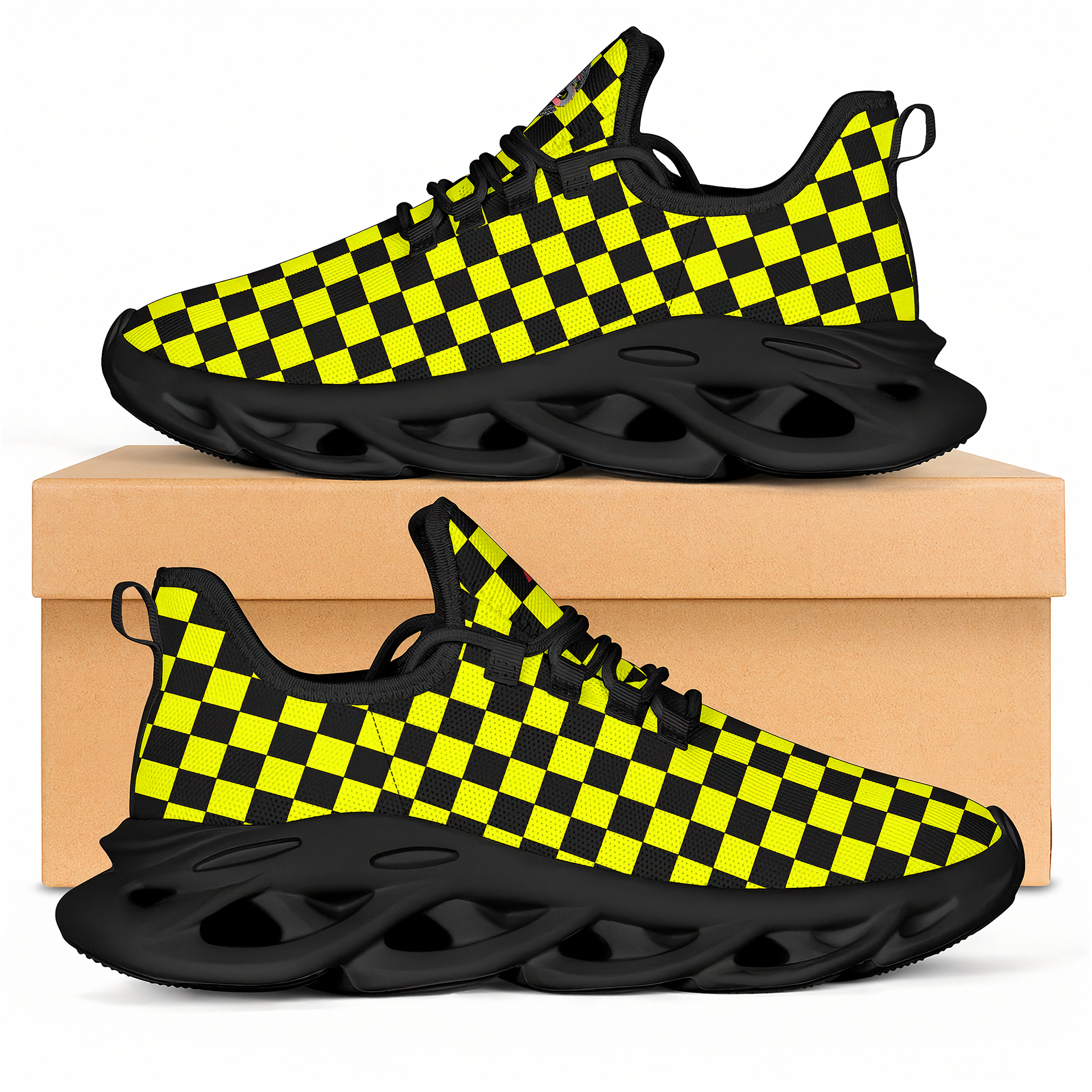Black and yellow checkered sneakers with a cardboard box on a white background