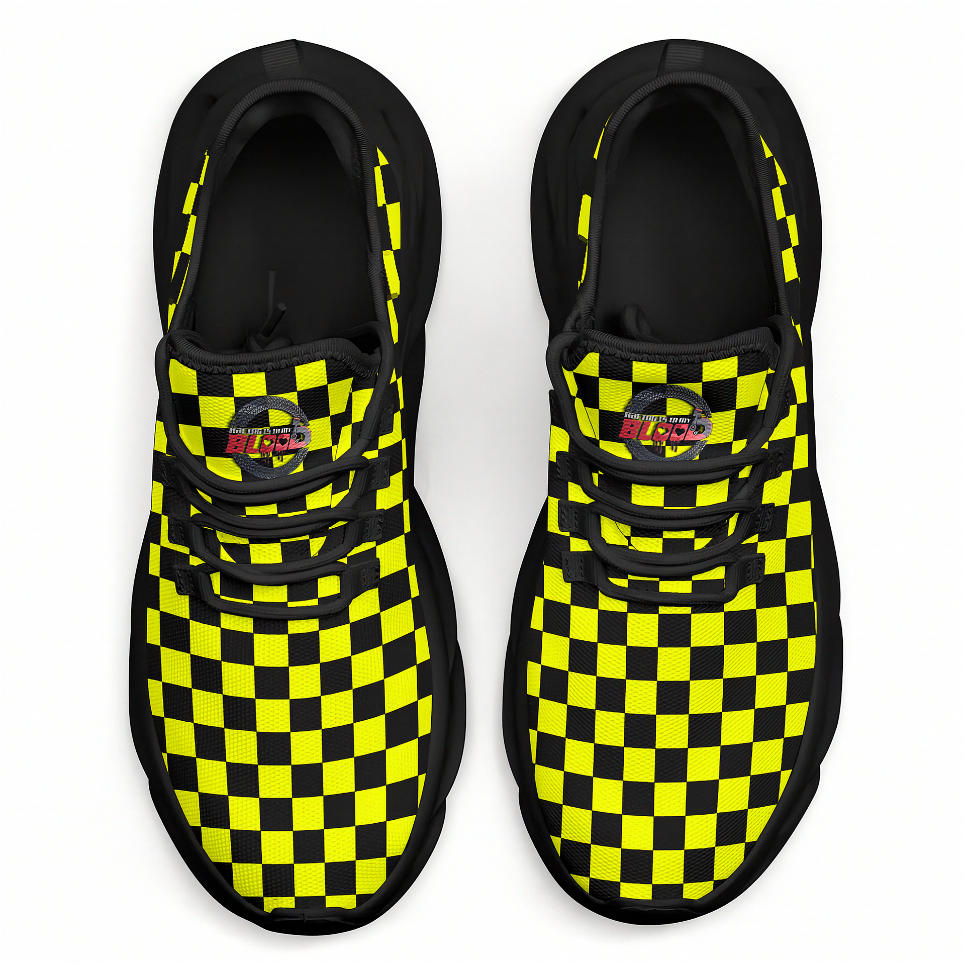 Black and yellow checkered shoes on a white background
