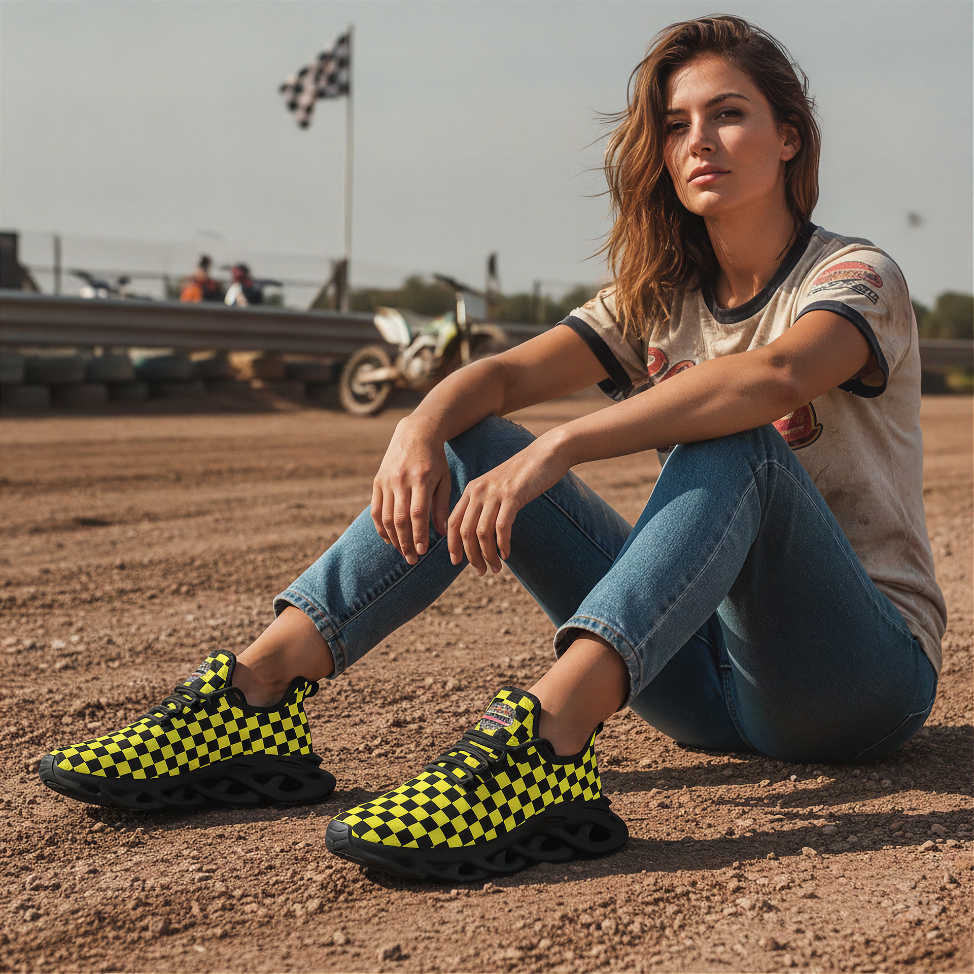 Woman sitting on a dirt track wearing yellow checkered shoes