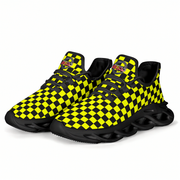 Pair of black and yellow checkered sneakers on a white background