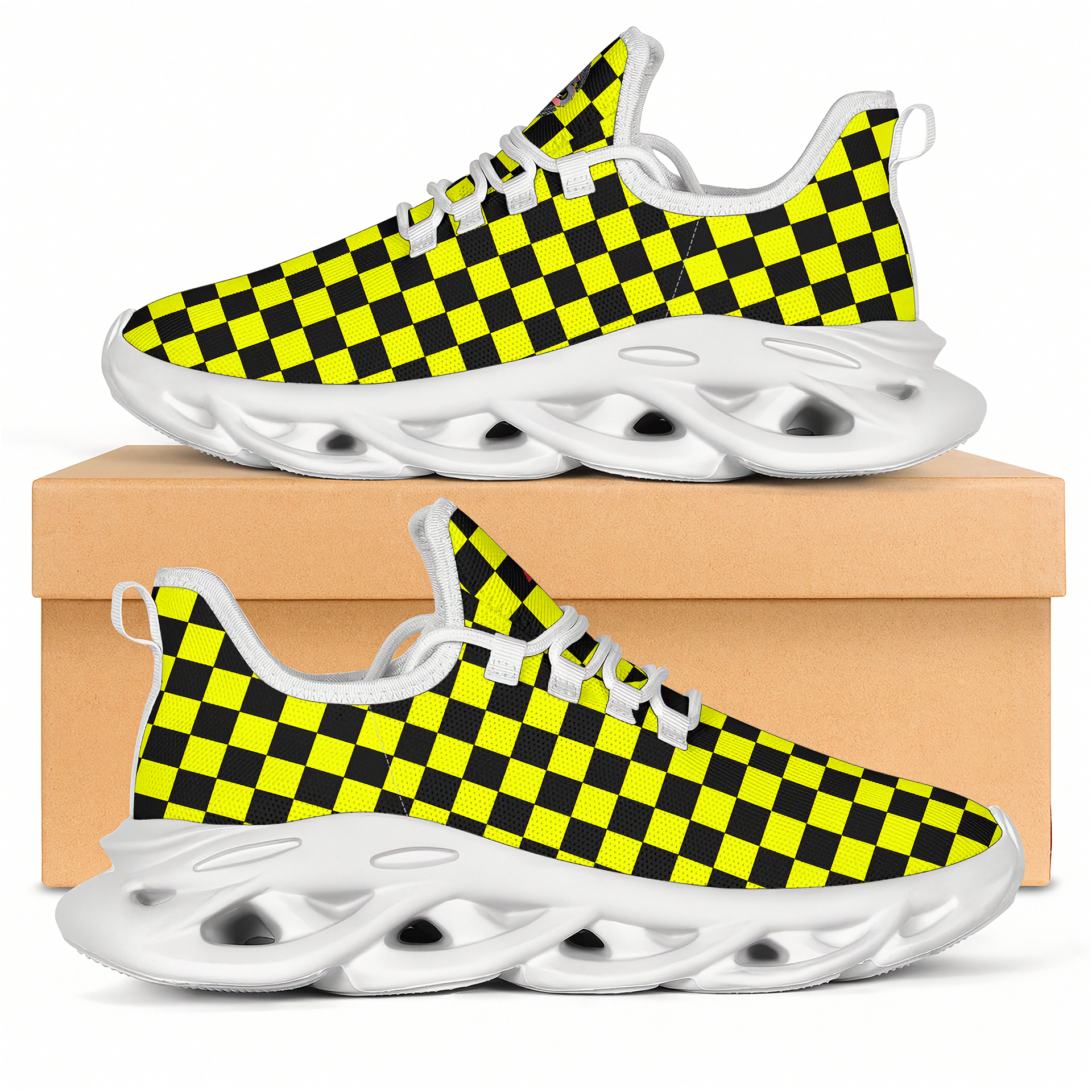 Checkered black and yellow sneakers with white soles on a beige box.