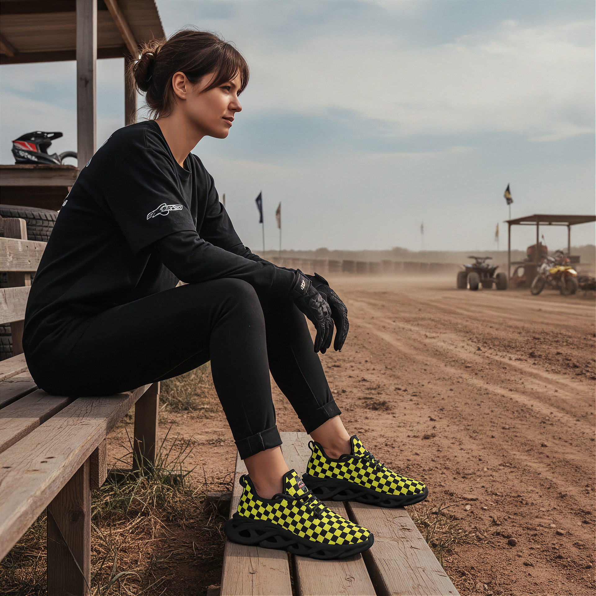 Woman sitting on a wooden bench at an outdoor event with vehicles and flags in the background.