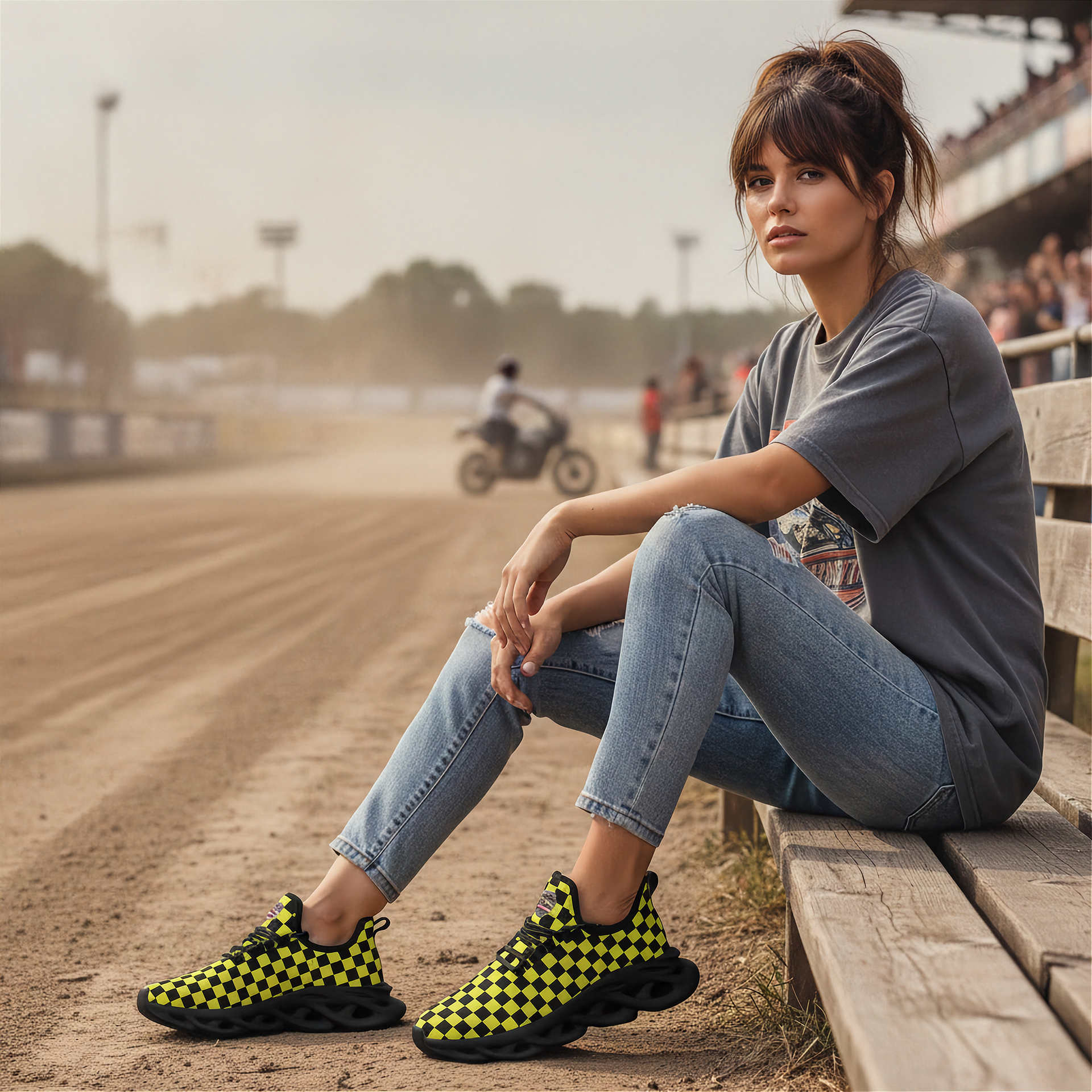 Woman sitting on a wooden bench at a race track wearing checkered shoes.