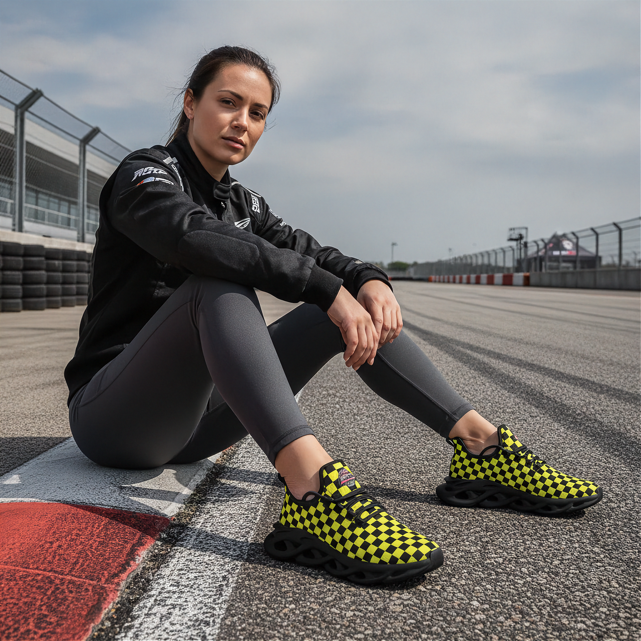 Woman sitting on a race track wearing black and yellow checkered shoes.