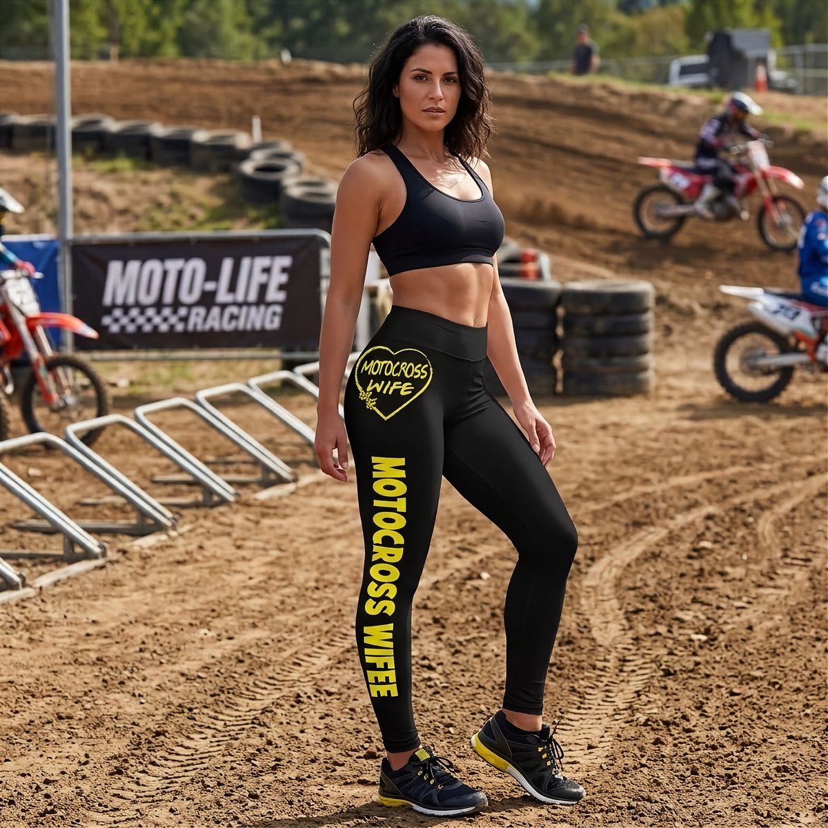 A woman stands on a dirt motocross track wearing black athletic leggings with yellow 'MOTOCROSS WIFE' text and a yellow heart logo on the thigh, along with a black sports bra and black sneakers. Dirt bikes and track barriers are visible in the background.