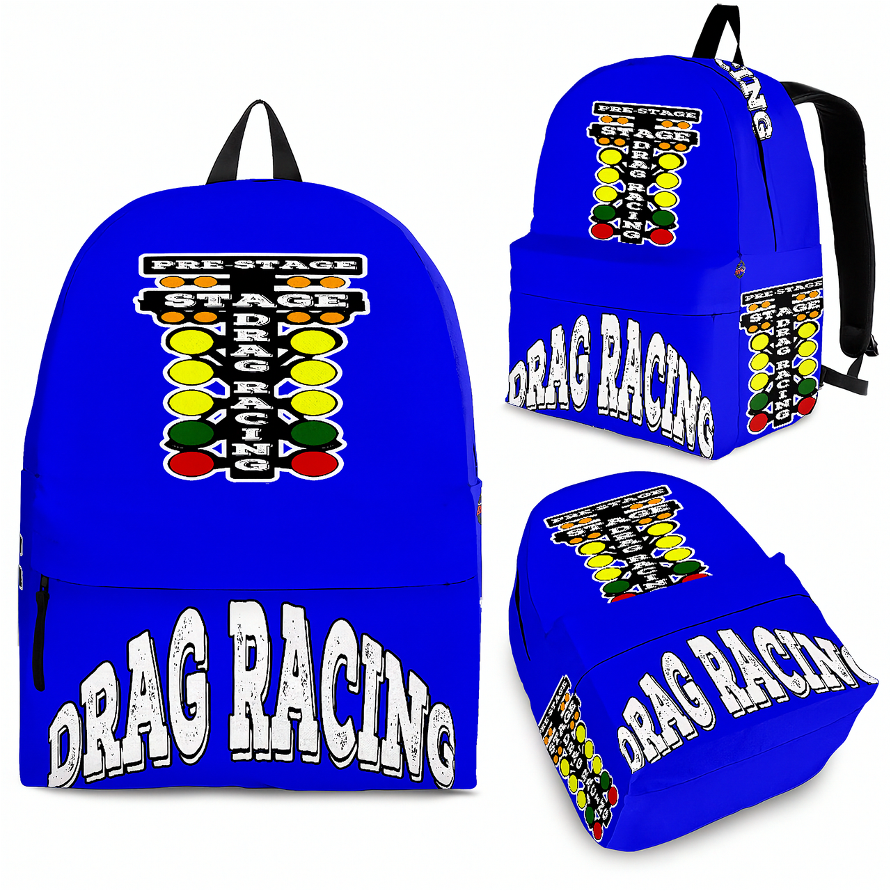Deep blue custom drag racing backpack displaying an aggressive top-fuel dragster illustration, featuring reinforced black zippers, breathable mesh padding, and adjustable ergonomic straps against a clean white background.