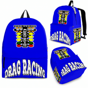 Deep blue custom drag racing backpack displaying an aggressive top-fuel dragster illustration, featuring reinforced black zippers, breathable mesh padding, and adjustable ergonomic straps against a clean white background.