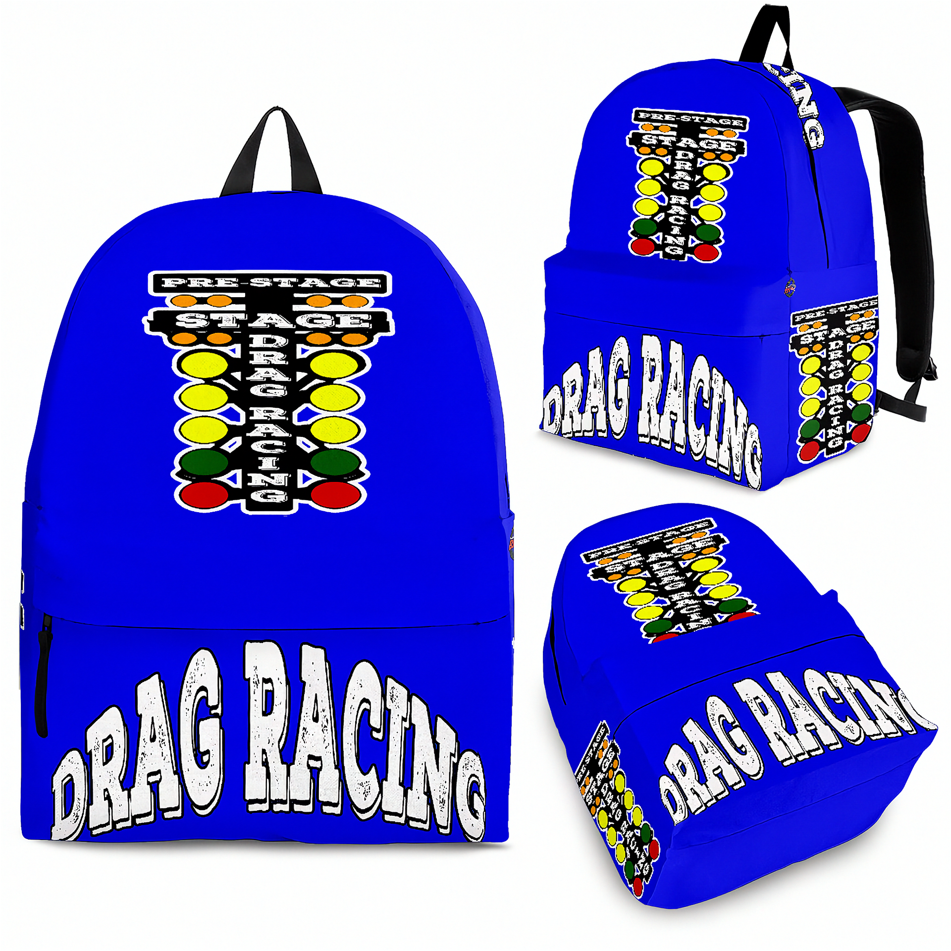 Deep blue custom drag racing backpack displaying an aggressive top-fuel dragster illustration, featuring reinforced black zippers, breathable mesh padding, and adjustable ergonomic straps against a clean white background.
