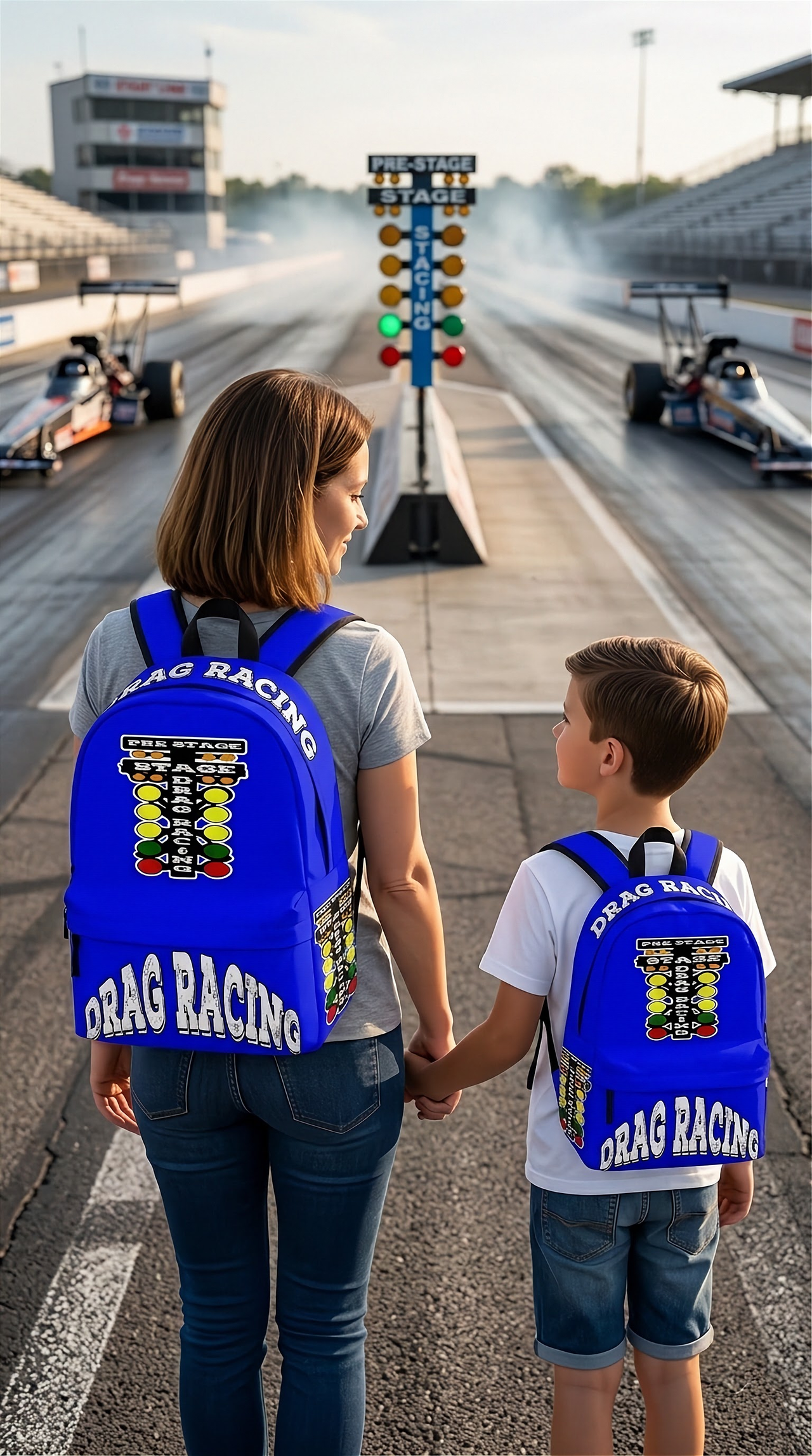 A teenage boy wearing a vibrant blue drag racing backpack, standing near the bleachers of an outdoor drag strip and pointing toward a high-speed blue dragster launching off the starting line.