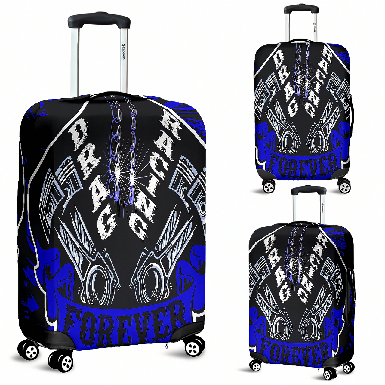 Deep blue drag racing themed luggage cover designed for motorsport fans, featuring a protective stretch-fit spandex blend and a zipper-bottom.