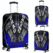 Deep blue drag racing themed luggage cover designed for motorsport fans, featuring a protective stretch-fit spandex blend and a zipper-bottom.