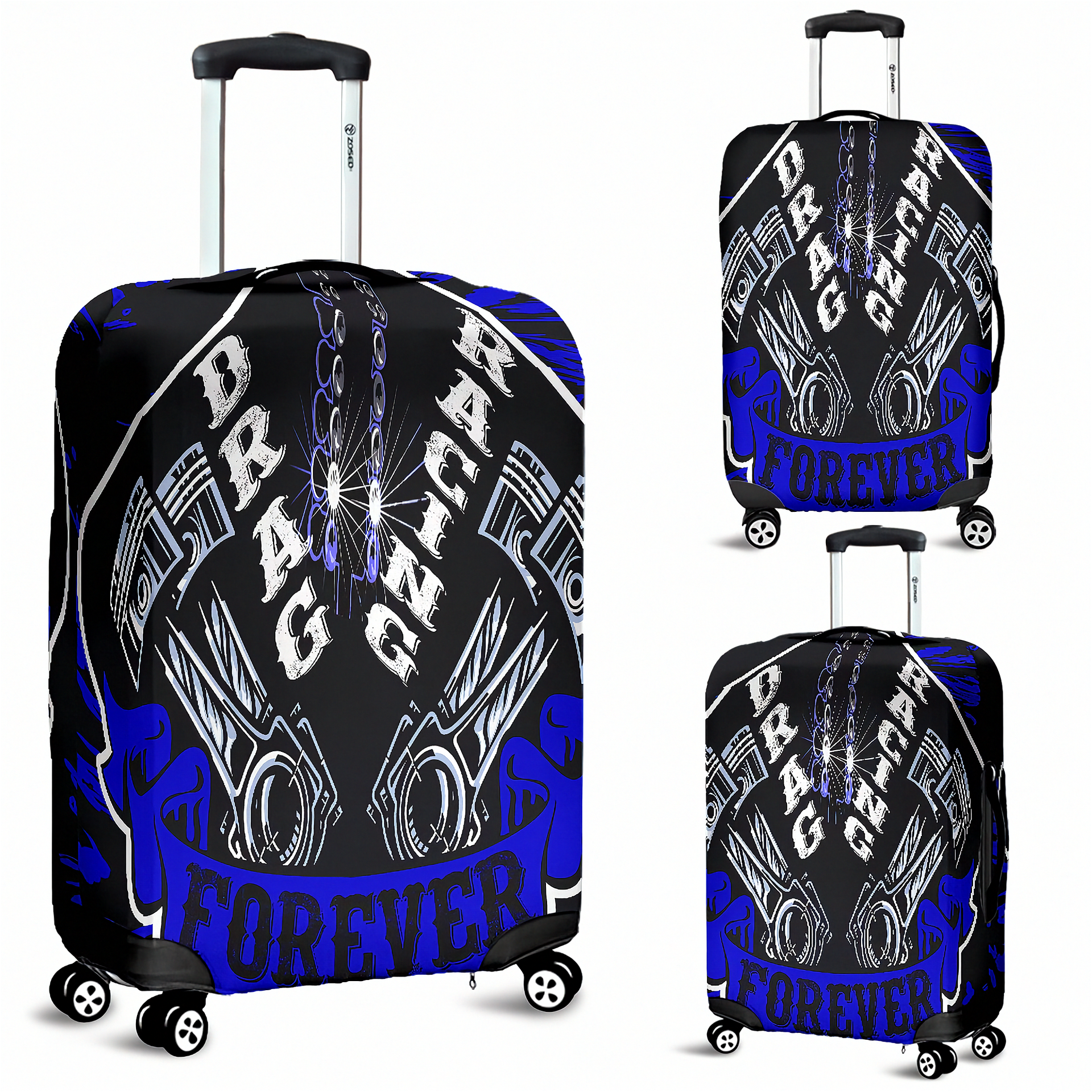 Deep blue drag racing themed luggage cover designed for motorsport fans, featuring a protective stretch-fit spandex blend and a zipper-bottom.