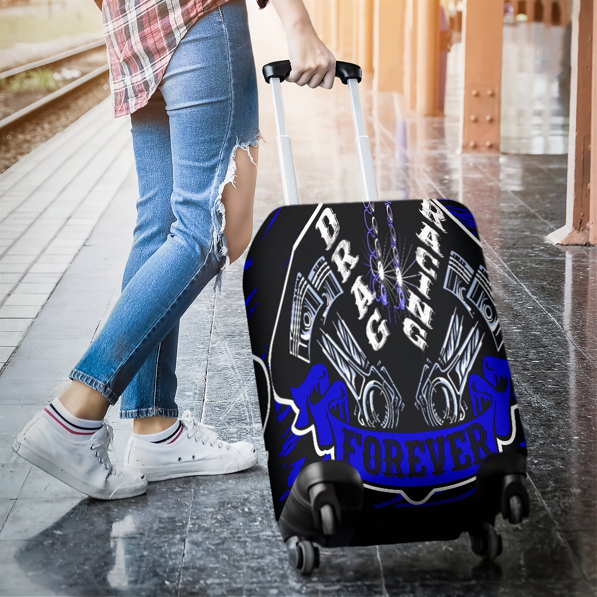 Deep blue drag racing themed luggage cover designed for motorsport fans, featuring a protective stretch-fit spandex blend and a zipper-bottom.
