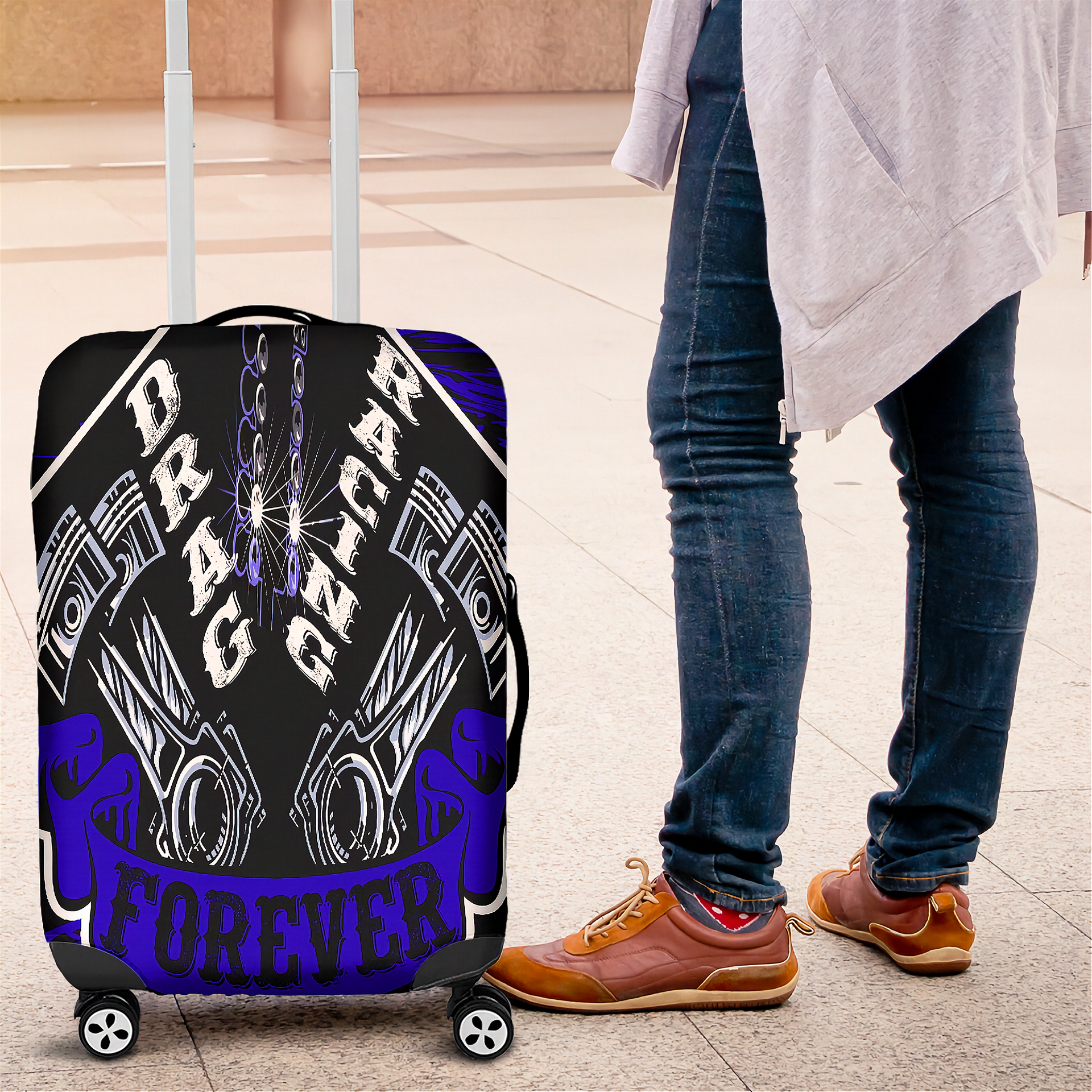 Deep blue drag racing themed luggage cover designed for motorsport fans, featuring a protective stretch-fit spandex blend and a zipper-bottom.