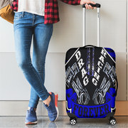 Deep blue drag racing themed luggage cover designed for motorsport fans, featuring a protective stretch-fit spandex blend and a zipper-bottom.