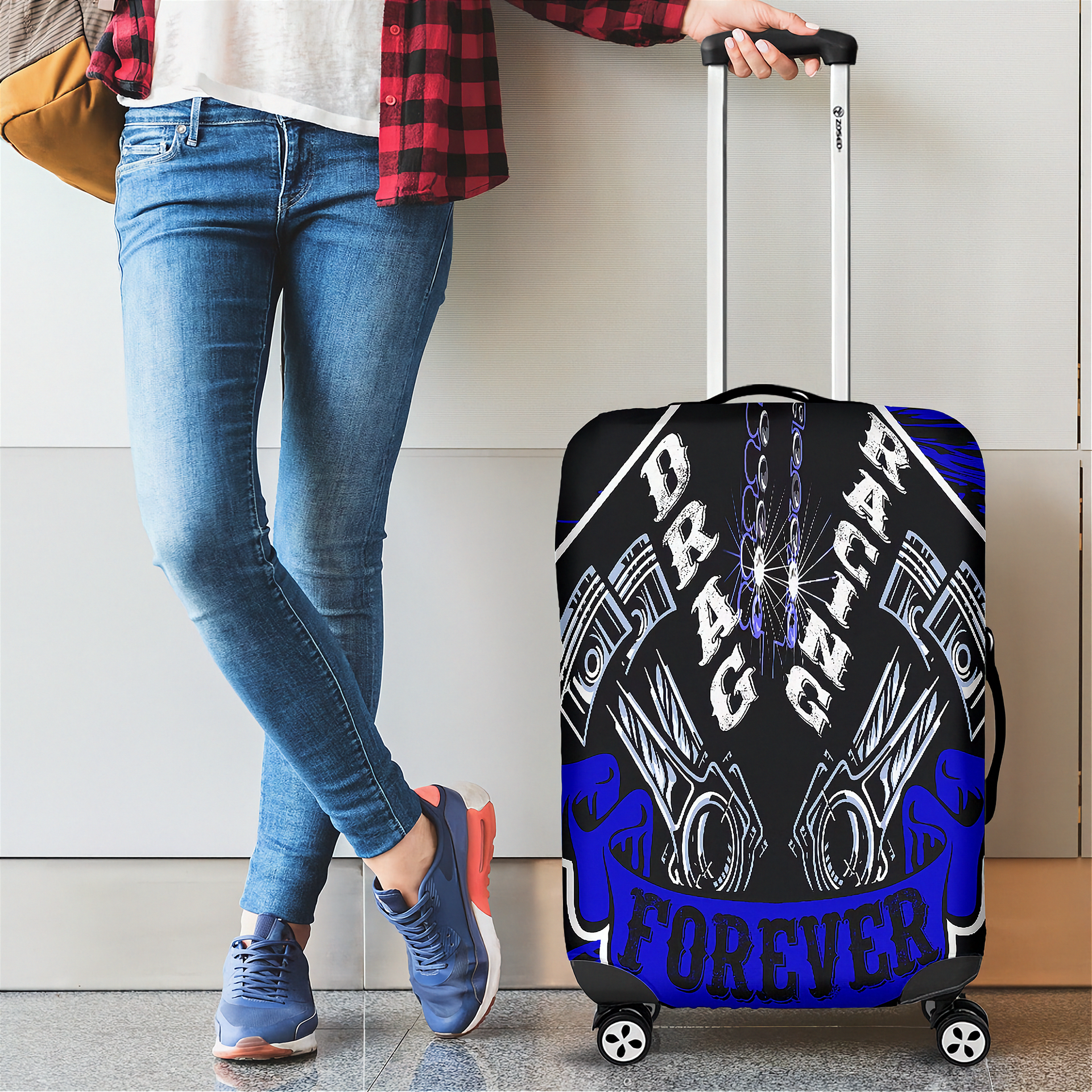 Deep blue drag racing themed luggage cover designed for motorsport fans, featuring a protective stretch-fit spandex blend and a zipper-bottom.