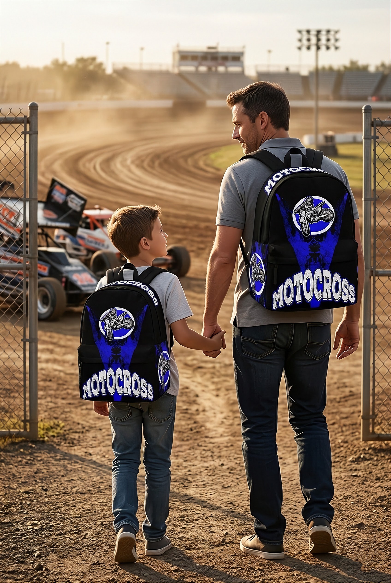 Premium blue motocross gear backpack featuring ergonomic shoulder straps and a padded mesh back panel for dirt bike riders and trackside fans.