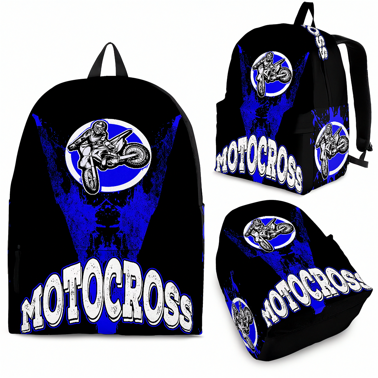 Premium blue motocross gear backpack featuring ergonomic shoulder straps and a padded mesh back panel for dirt bike riders and trackside fans.