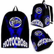 Premium blue motocross gear backpack featuring ergonomic shoulder straps and a padded mesh back panel for dirt bike riders and trackside fans.
