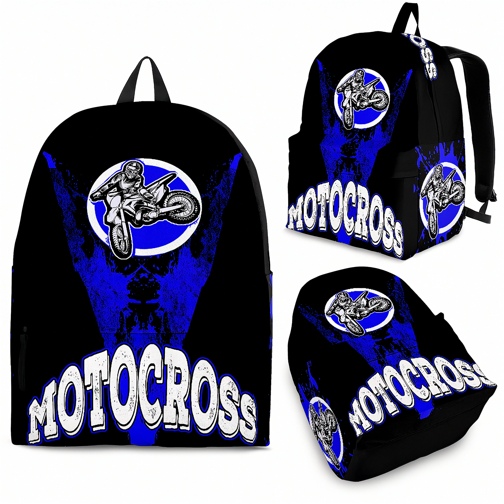 Premium blue motocross gear backpack featuring ergonomic shoulder straps and a padded mesh back panel for dirt bike riders and trackside fans.