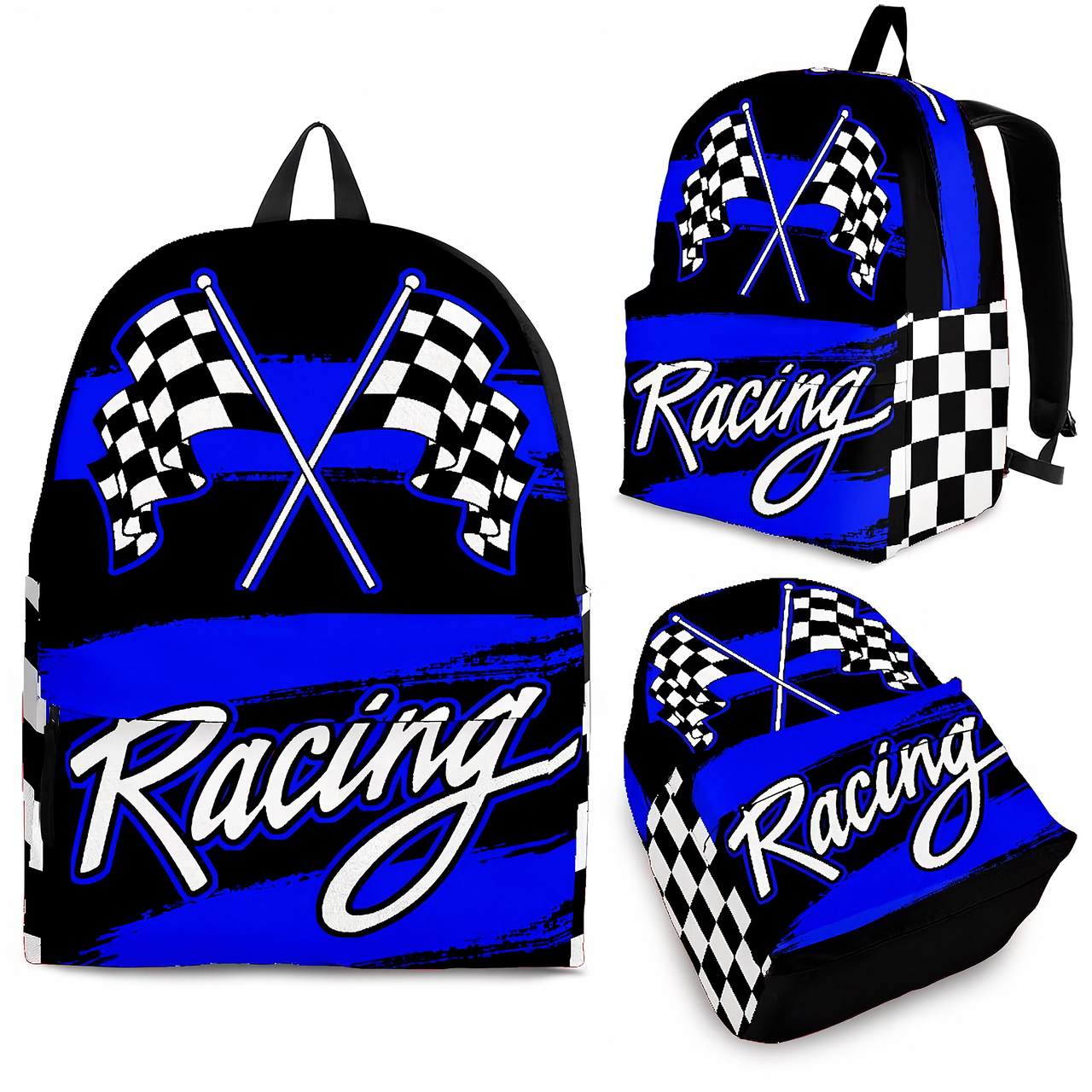 Blue racing track backpack designed for back to school and motorsport fans, featuring a padded airflow mesh back panel and ergonomic shoulder straps.
