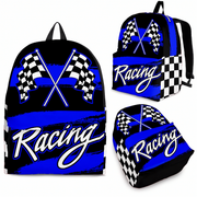 Blue racing track backpack designed for back to school and motorsport fans, featuring a padded airflow mesh back panel and ergonomic shoulder straps.