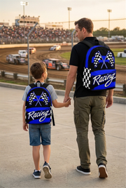 Blue racing track backpack designed for back to school and motorsport fans, featuring a padded airflow mesh back panel and ergonomic shoulder straps.
