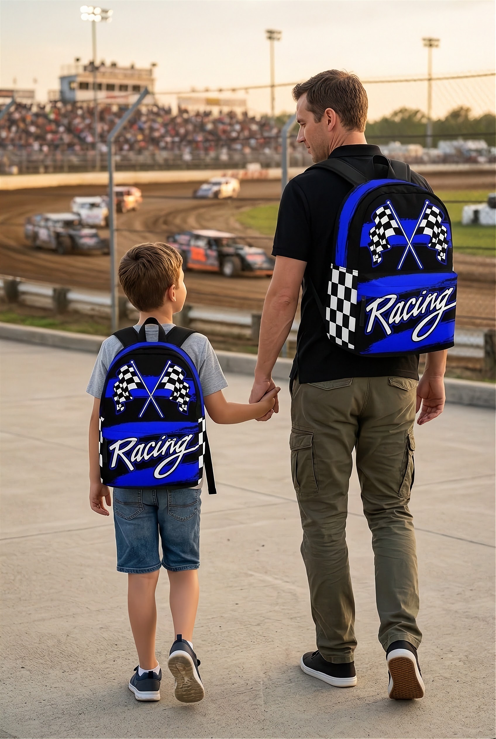Blue racing track backpack designed for back to school and motorsport fans, featuring a padded airflow mesh back panel and ergonomic shoulder straps.