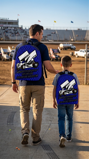 Vibrant blue sprint car racing backpack designed for back to school and motorsport fans, featuring adjustable ergonomic straps and airflow mesh padding.