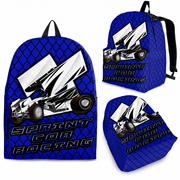 Vibrant blue sprint car racing backpack designed for back to school and motorsport fans, featuring adjustable ergonomic straps and airflow mesh padding.