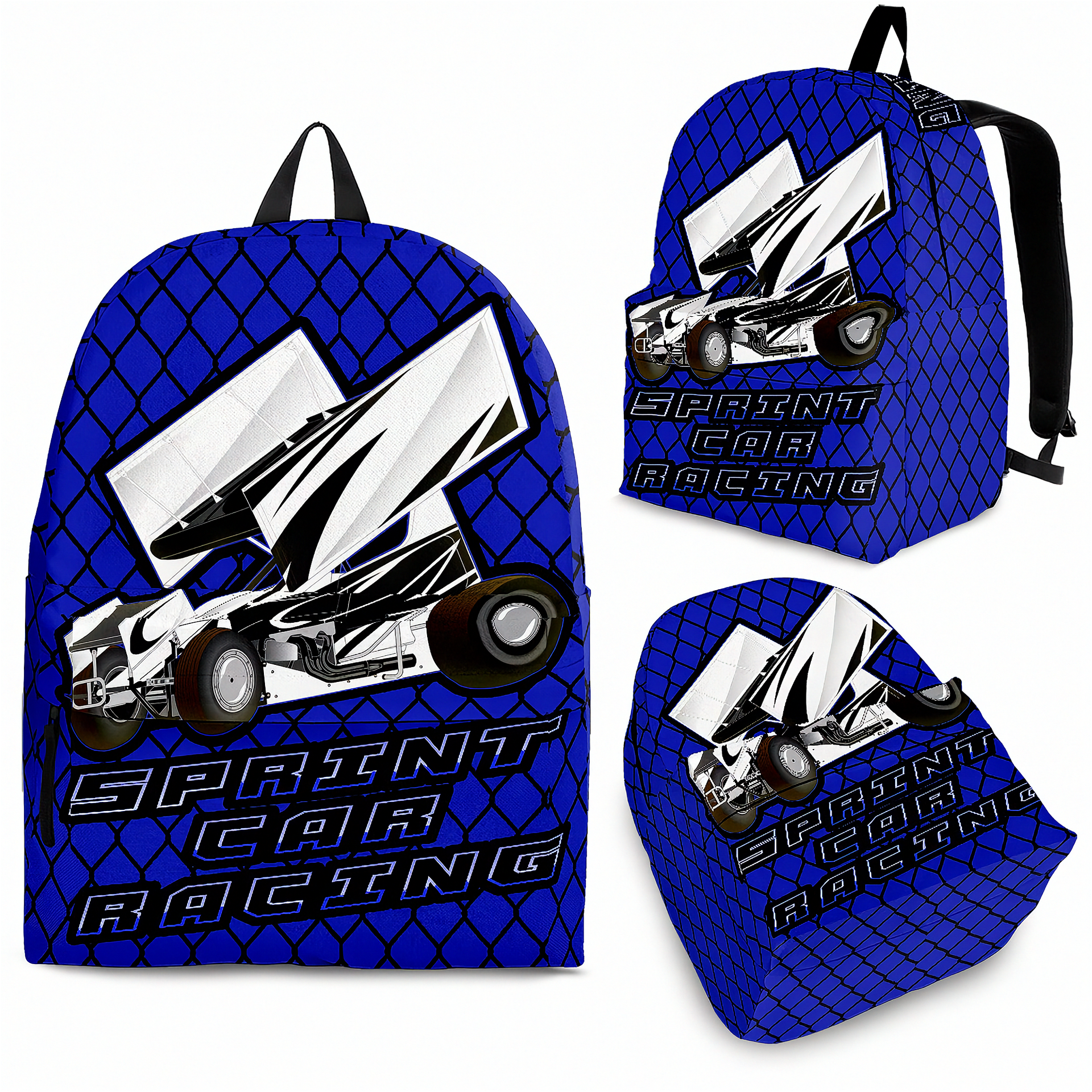 Vibrant blue sprint car racing backpack designed for back to school and motorsport fans, featuring adjustable ergonomic straps and airflow mesh padding.
