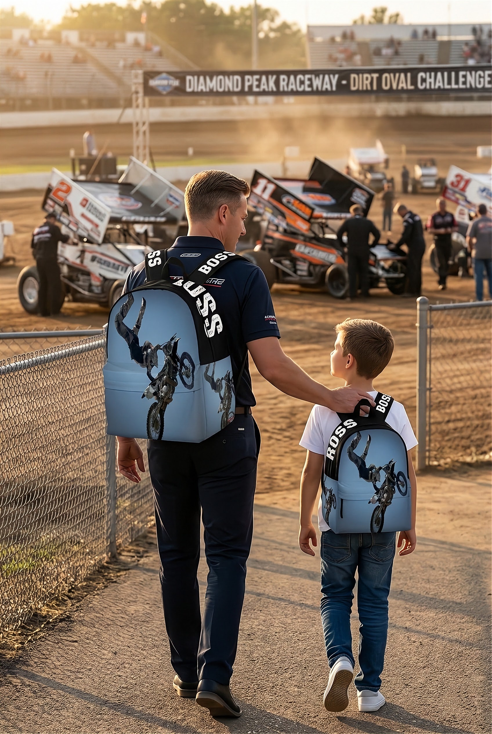 A young dirt bike rider adjusting the ergonomic straps of a custom motocross backpack while sitting on the open tailgate of a pickup truck in a bustling, sunny supercross track parking lot.