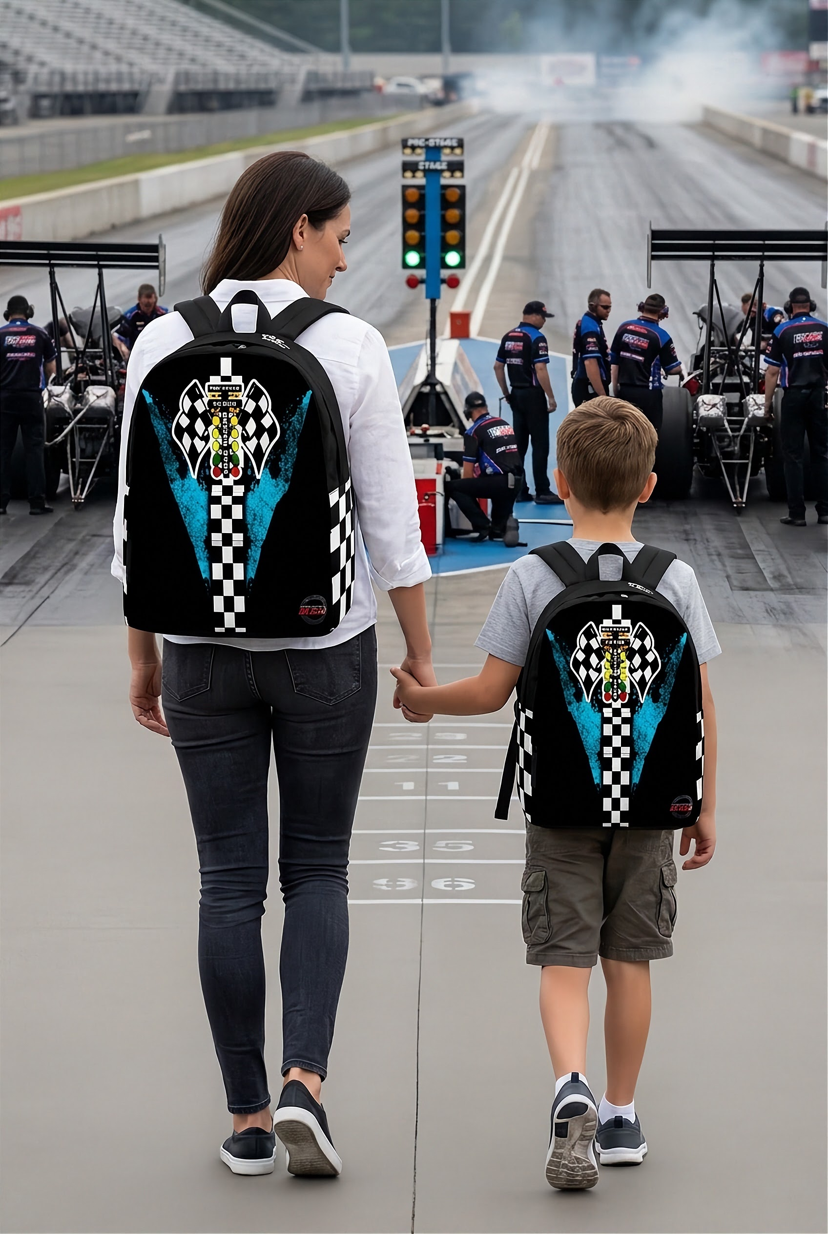 A young boy wearing a Carolina Blue drag racing backpack over his shoulders, standing in the pit area of a drag strip looking at a light blue dragster being prepped by a mechanic on a sunny afternoon.