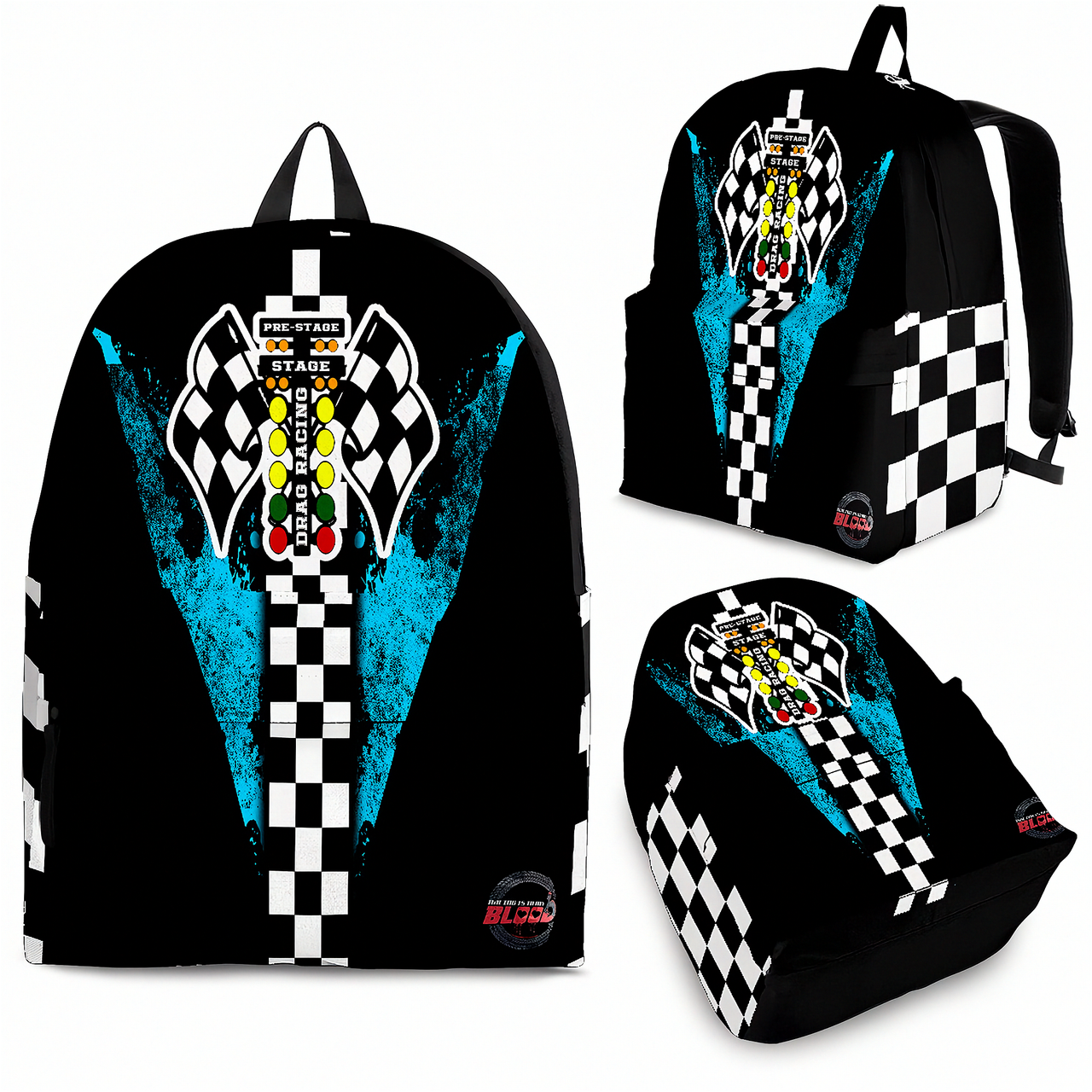 A custom Carolina Blue drag racing backpack featuring a high-speed dragster illustration in light blue and white, equipped with thick padded black ergonomic straps, black zippers, and a front organizational pocket, isolated against a bright white