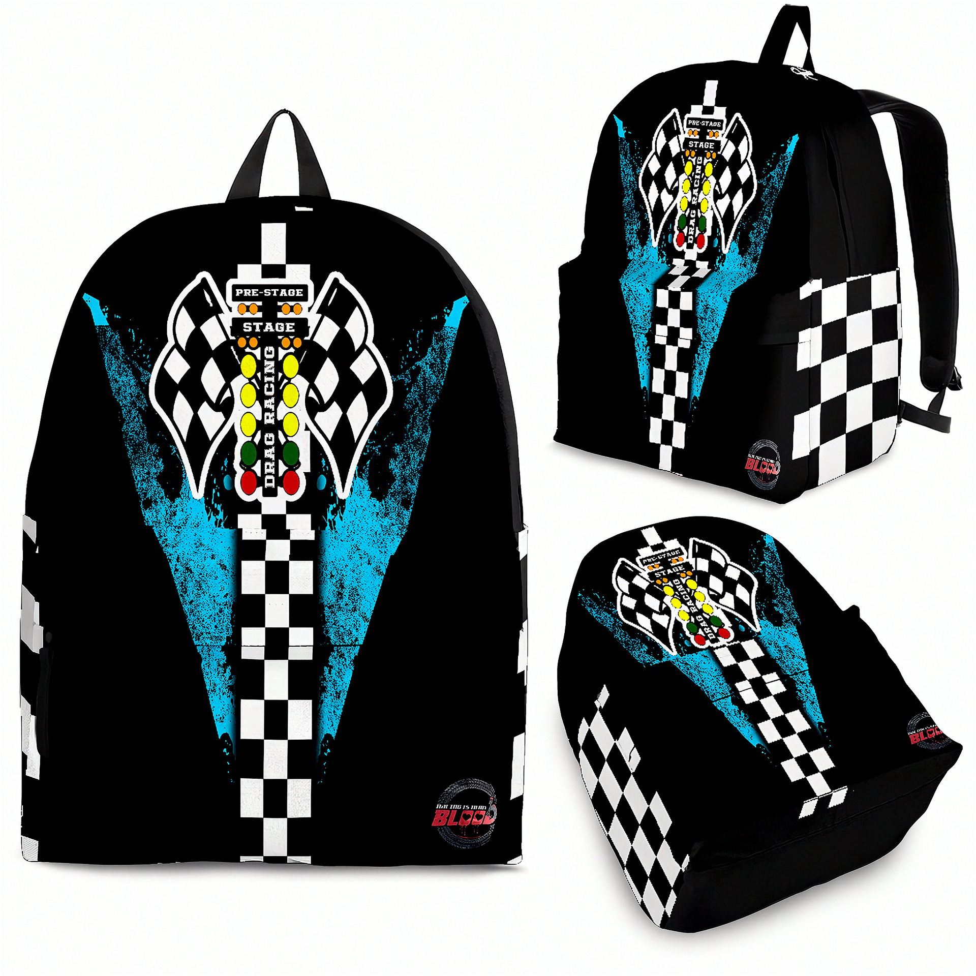 A custom Carolina Blue drag racing backpack featuring a high-speed dragster illustration in light blue and white, equipped with thick padded black ergonomic straps, black zippers, and a front organizational pocket, isolated against a bright white