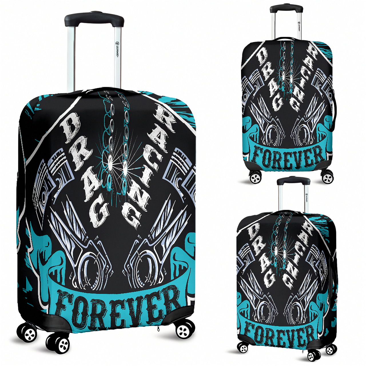 Crisp Carolina Blue drag racing themed luggage cover designed for motorsport fans, featuring a protective stretch-fit spandex blend and a zipper-bottom.