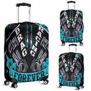 Crisp Carolina Blue drag racing themed luggage cover designed for motorsport fans, featuring a protective stretch-fit spandex blend and a zipper-bottom.
