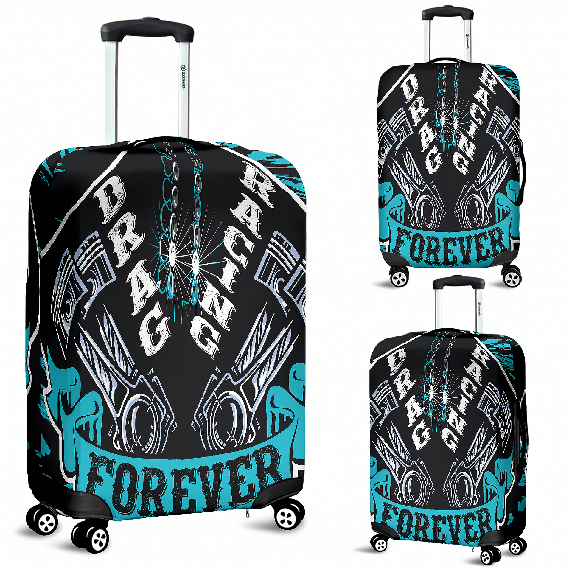 Crisp Carolina Blue drag racing themed luggage cover designed for motorsport fans, featuring a protective stretch-fit spandex blend and a zipper-bottom.