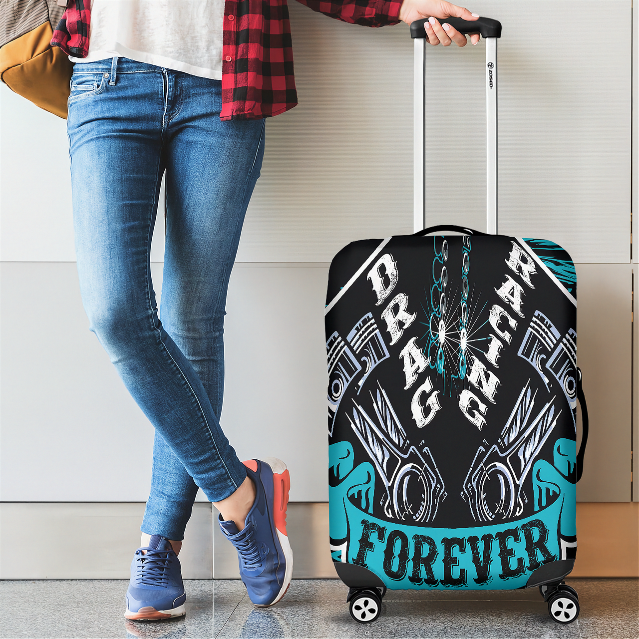 Crisp Carolina Blue drag racing themed luggage cover designed for motorsport fans, featuring a protective stretch-fit spandex blend and a zipper-bottom.