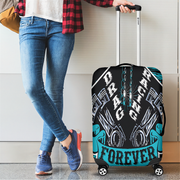 Crisp Carolina Blue drag racing themed luggage cover designed for motorsport fans, featuring a protective stretch-fit spandex blend and a zipper-bottom.