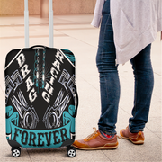 Crisp Carolina Blue drag racing themed luggage cover designed for motorsport fans, featuring a protective stretch-fit spandex blend and a zipper-bottom.